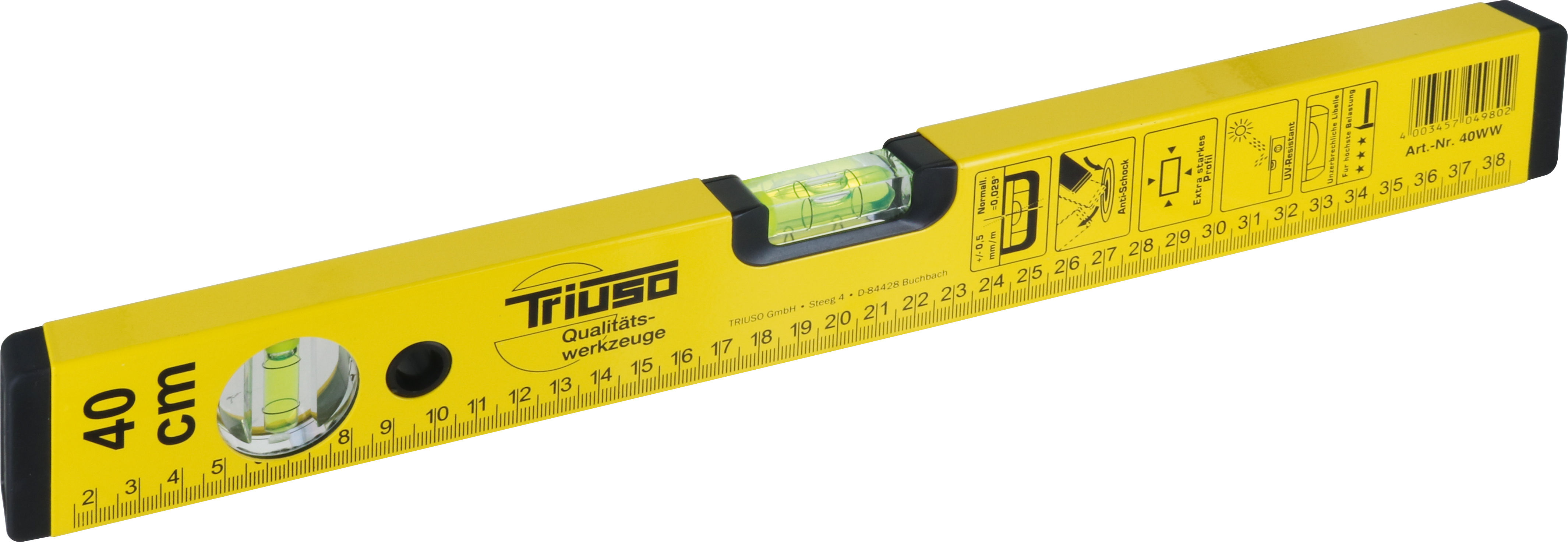 Triuso Alu-Wasserwaage gelb lackiert, mit Maßskala, Messgenauigkeit: 1,0 mm/m